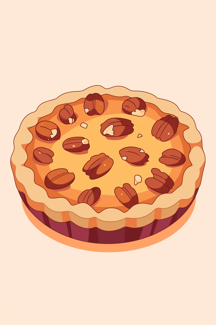 Thanksgiving food drawing ideas featuring a beautifully illustrated pecan pie with a golden crust and whole pecans on top, perfect for festive inspiration.